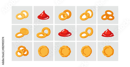 Assorted snack food and condiments arranged on a light gray background