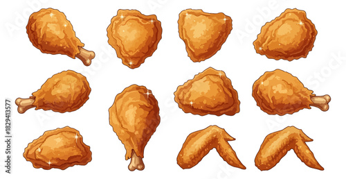 Golden fried chicken pieces illustration isolated on black
