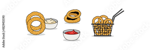 Onion rings with sauces illustration isolated on black background