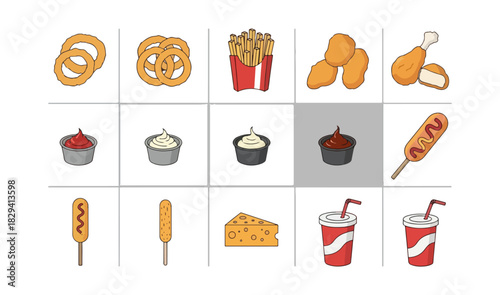 Assorted fast food items and beverages illustration
