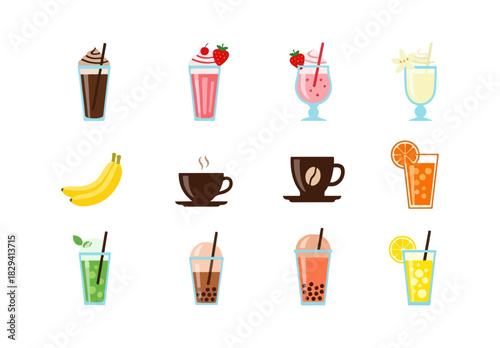 Assorted beverage icons isolated on black background