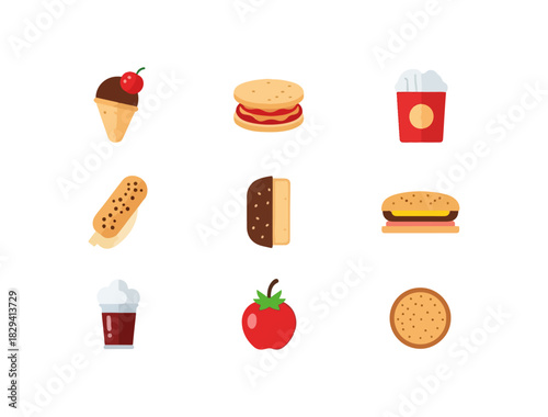 Assorted food icons ice cream sandwiches burgers drinks and snacks
