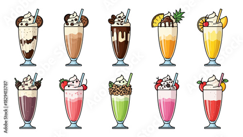 Variety of milkshake flavors in tall glasses with whipped cream and decorations
