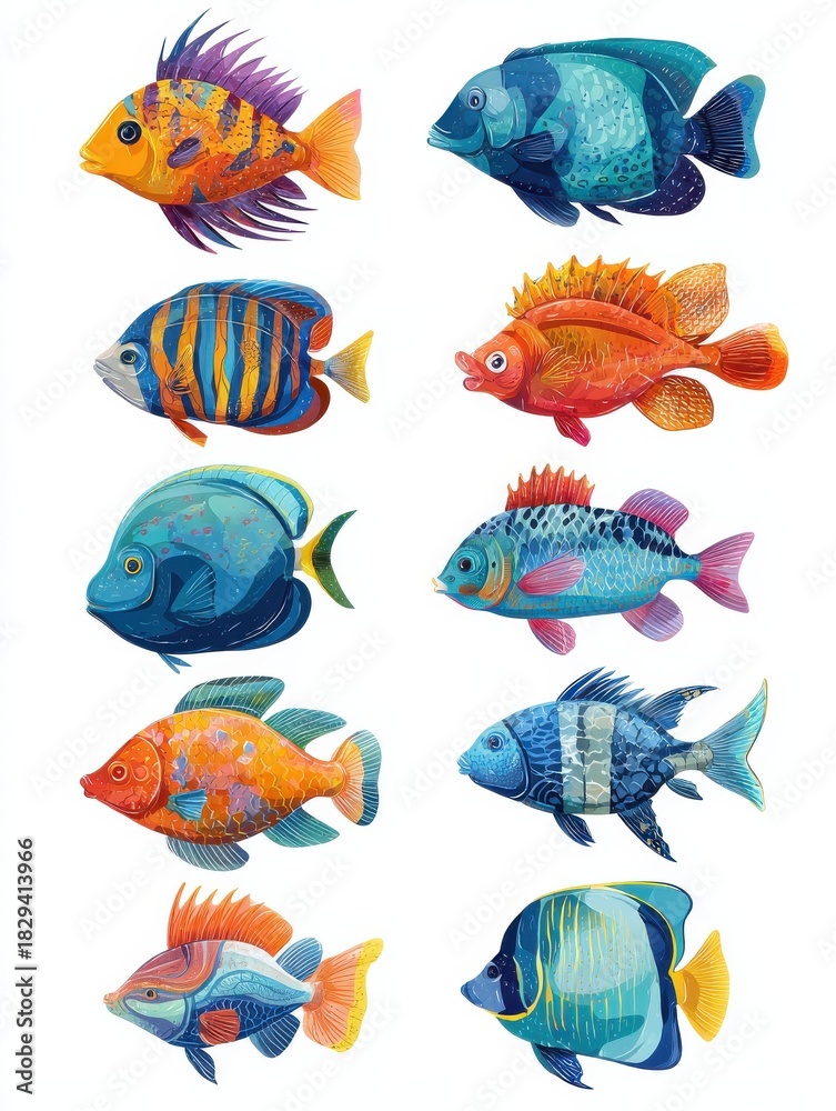 Naklejka premium aquarium fish set isolated cartoon ocean or sea water exotic animal icon collection underwater nature aquarium fish vector illustration no logos no brands ar 34