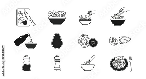 Culinary process illustrated with food and kitchen utensils on a black background