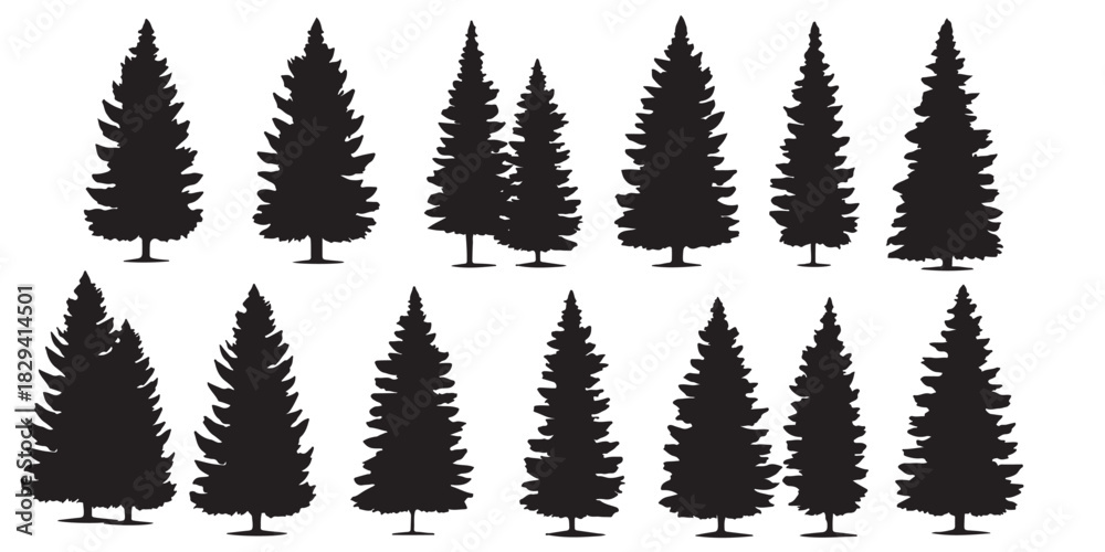 Fototapeta premium Pine tree silhouette and outline vector set. Christmas tree icon collection. Evergreen, fir, spruce forest graphic elements. Winter holiday design asset for decoration.