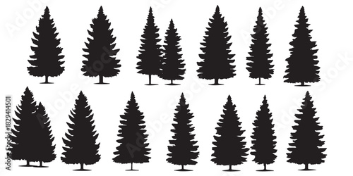 Pine tree silhouette and outline vector set. Christmas tree icon collection. Evergreen, fir, spruce forest graphic elements. Winter holiday design asset for decoration.