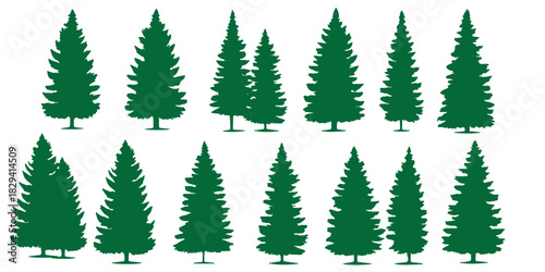 Pine tree silhouette and outline vector set. Christmas tree icon collection. Evergreen, fir, spruce forest graphic elements. Winter holiday design asset for decoration.