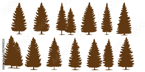 Pine tree silhouette and outline vector set. Christmas tree icon collection. Evergreen, fir, spruce forest graphic elements. Winter holiday design asset for decoration.