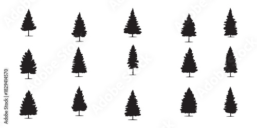 Fir trees silhouettes set. Coniferous spruce horizontal background patterns, black evergreen woods vector illustration. Beautiful hand drawn panorama with treetops forest. Black pine woods