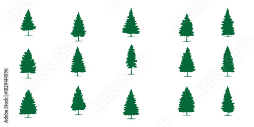 Fir trees silhouettes set. Coniferous spruce horizontal background patterns, black evergreen woods vector illustration. Beautiful hand drawn panorama with treetops forest. Black pine woods