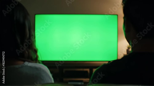 A couple in a cozy, dimly lit living room watching a modern television with a bright green chroma key screen, perfect for displaying custom content, advertisements, or virtual reality experiences