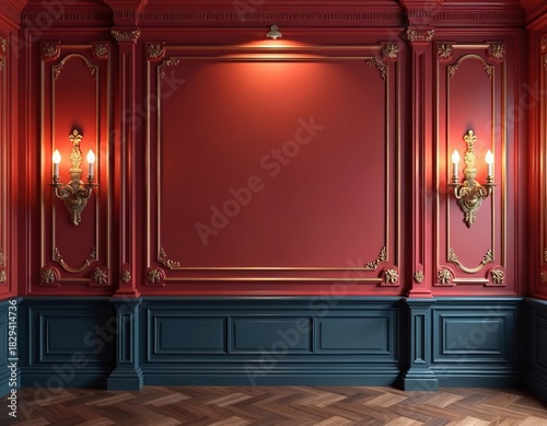Luxurious red wall with golden ornaments. Empty room with parquet flooring and blue wainscoting. Classic interior with candle sconces. Valentine Day or event background. Space for text or design.