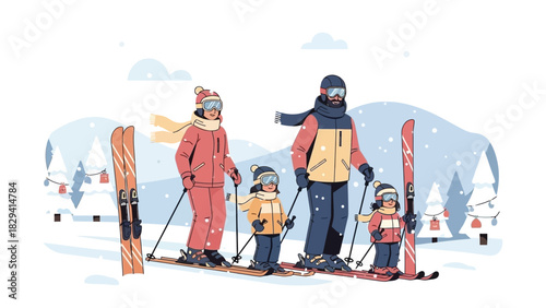 Family of four enjoying a winter ski vacation together.