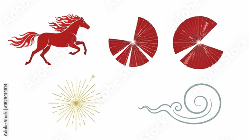 Collection of decorative red horse, sunburst, abstract swirl, and segmented circle graphics for artistic or design projects