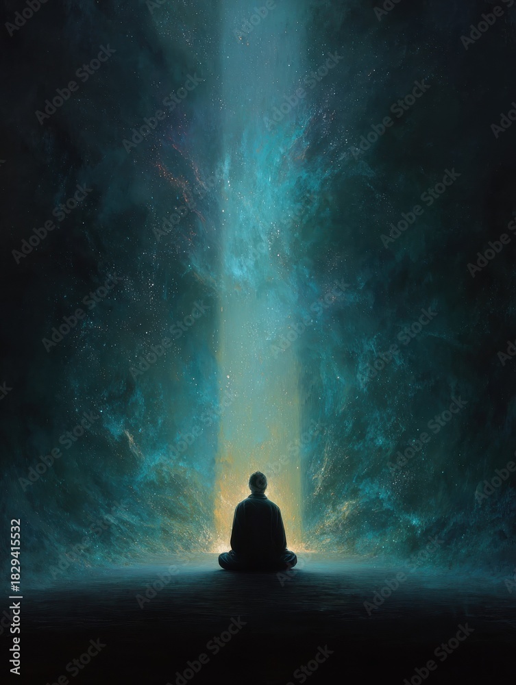 Obraz premium a solitary figure immersed in deep meditation surrounded by an enchanting ethereal light portal representing a journey of selfdiscovery and spiritual connection amidst cosmic energy