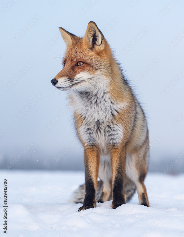 Fototapeta premium Red fox standing on snowy field in soft winter light