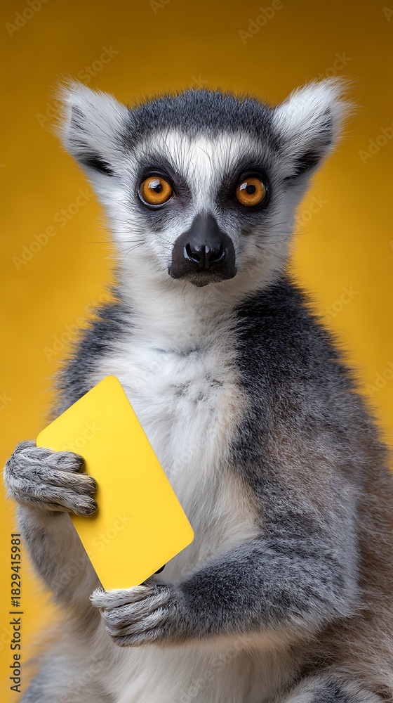 Fototapeta premium portrait of a ring tailed lemur with football yellow card, warning