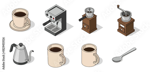 Isometric coffee equipment icons illustration