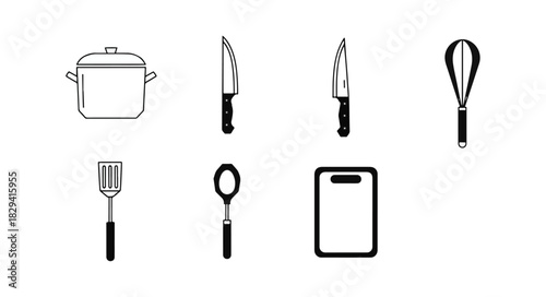 Kitchen utensils silhouettes on black background