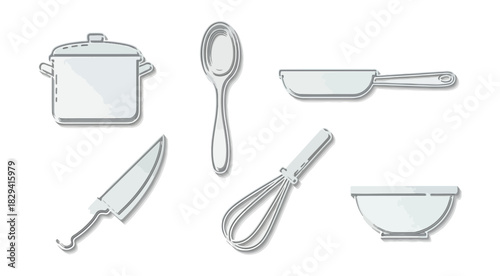Kitchen utensils illustration pot spoon knife pan whisk bowl on black