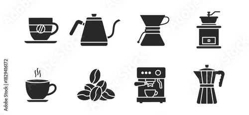 Coffee equipment silhouettes set black and white for design