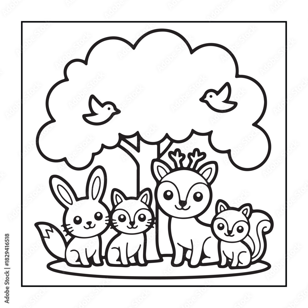 Fototapeta premium Kids-friendly group of animals set black and white coloring pages.