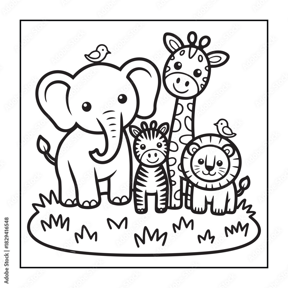 Obraz premium Kids-friendly group of animals set black and white coloring pages.