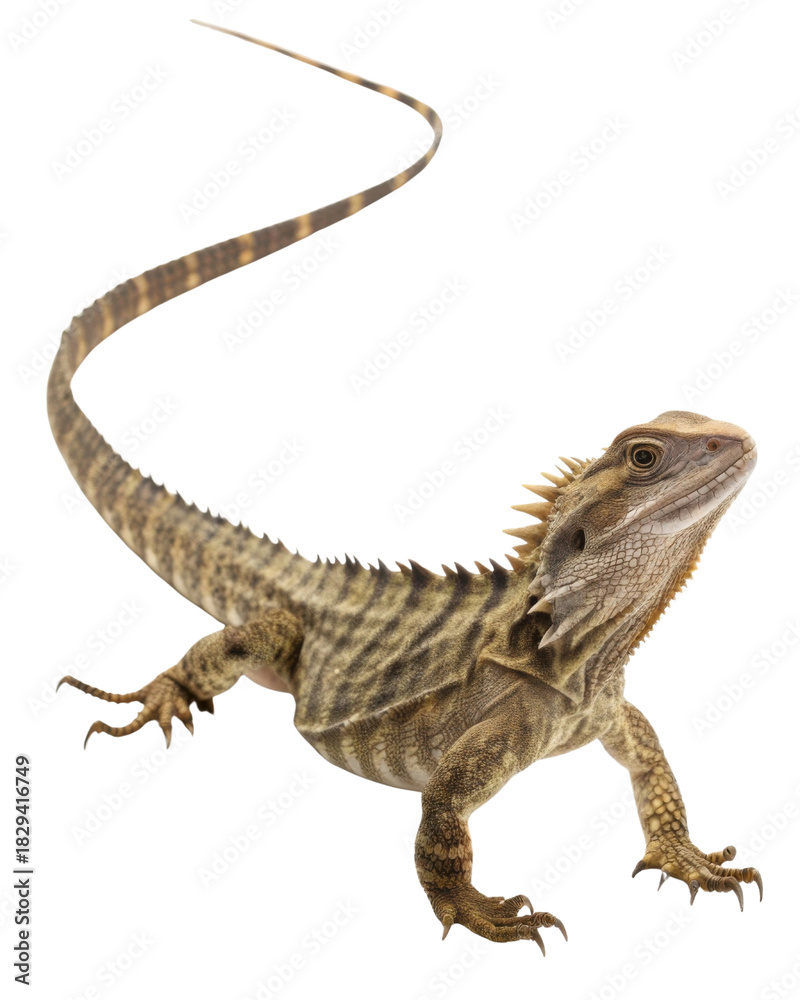 Fototapeta premium Alert Australian water dragon lizard, curious brown reptile with long striped tail isolated. This wild animal shows watchful behavior