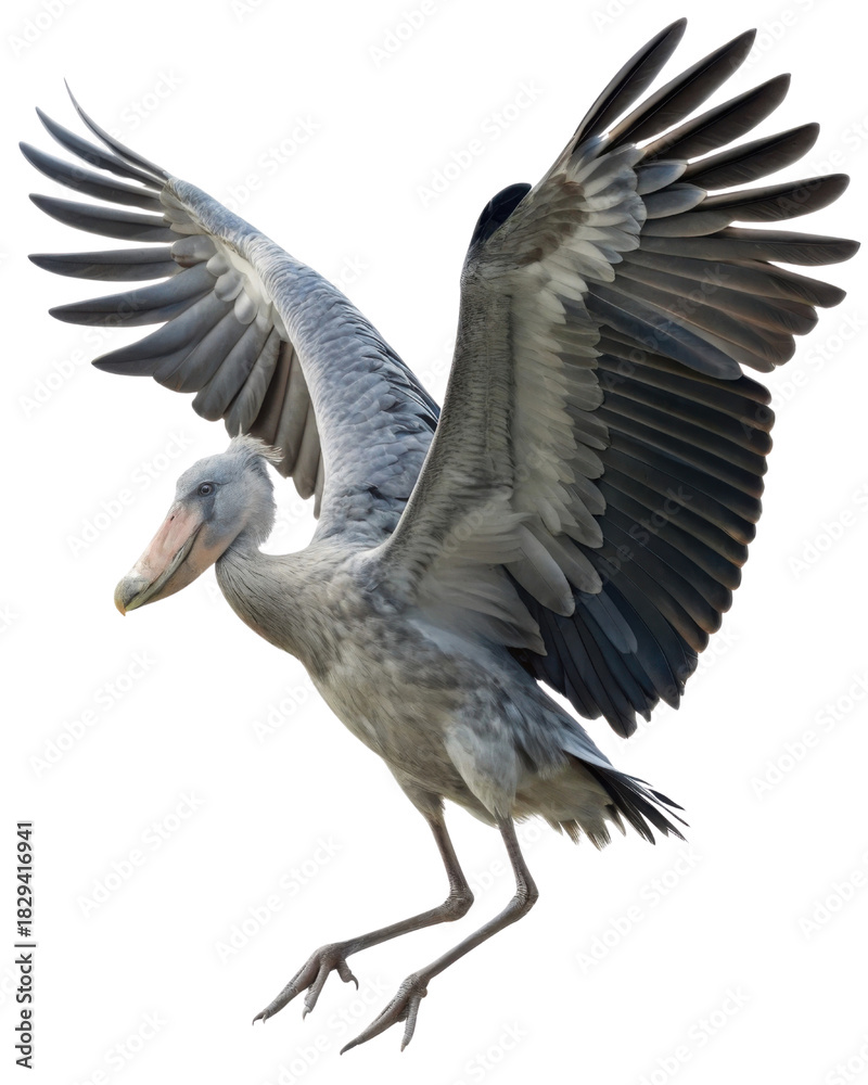 Fototapeta premium Majestic grey shoebill stork bird landing with large open wings. powerful wild animal with grey feathers motion shows freedom and flight