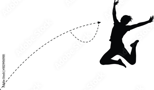 Silhouette of person jumping with dashed trajectory line, black and white illustration, motion and energy concept, physics and dynamics theme