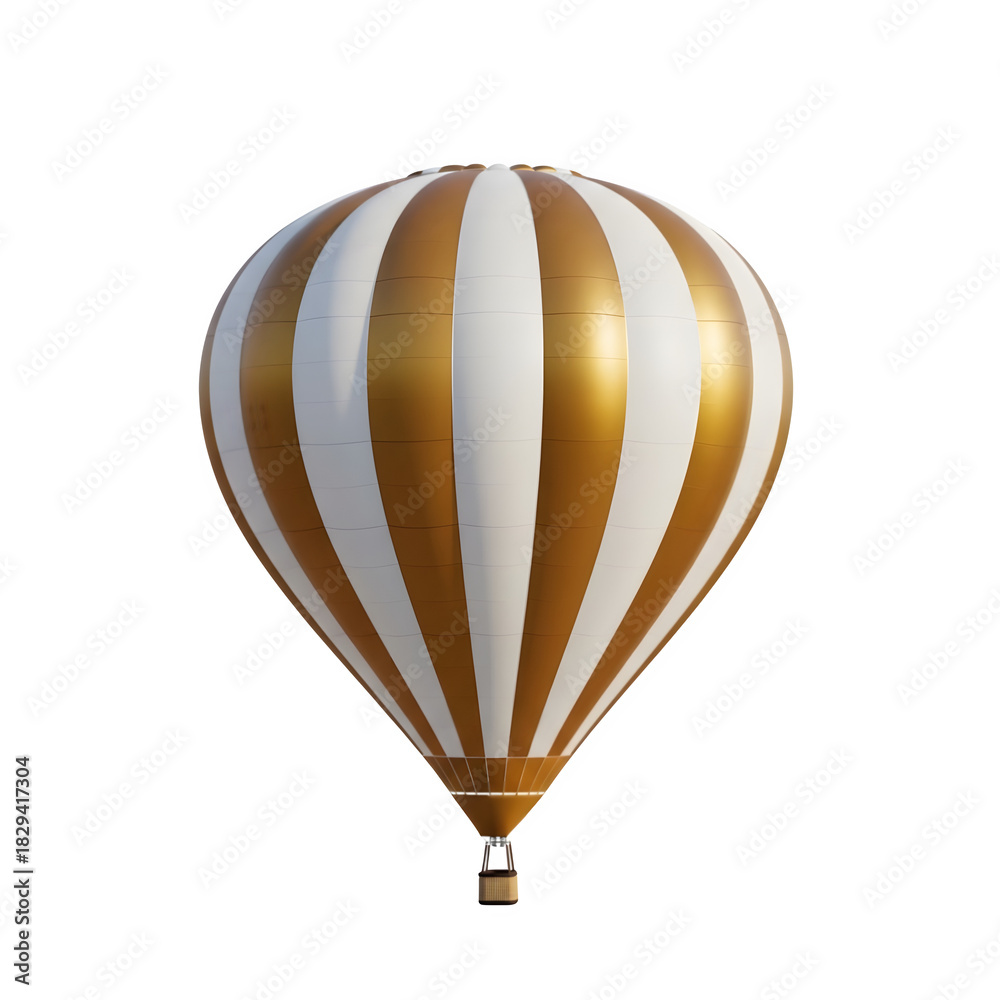 Obraz premium Striped hot air balloon with gold and white colors isolated on black background for celebrations and special events decoration