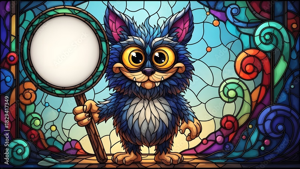 Naklejka premium Whimsical Blue Monster Character with Staff and Round Sign in Stained Glass