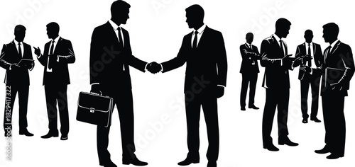 Silhouette of two successful businessmen shaking hands on a deal, surrounded by an executive team, representing agreement, partnership, collaboration, corporate success, 