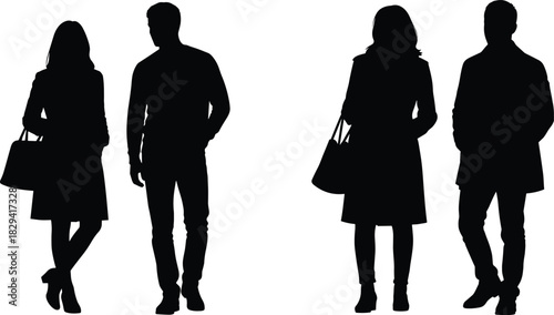 Silhouette pairs of men and women dressed in winter or business coats, carrying large bags, standing confidently together, symbolizing urban life, shopping, business, and seasonal fashion.