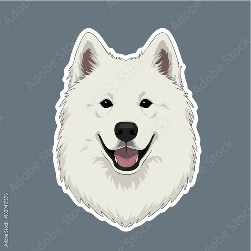 Smiling Samoyed Dog Head Cartoon Illustration Sticker Design
