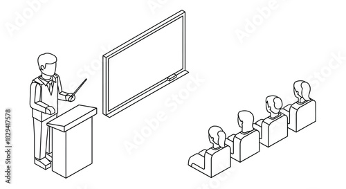 A classroom scene with a teacher presenting to a small group of students