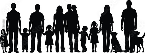 Silhouettes of adults, children, and dogs standing together, black and white illustration, family and community theme, unity and companionship concept
