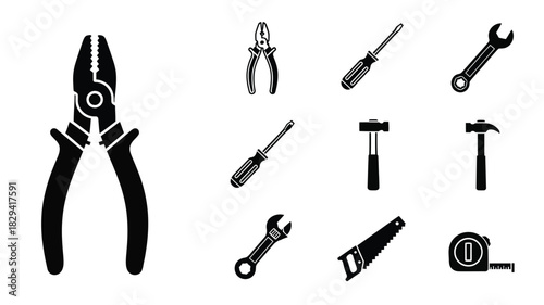Collection of black silhouette tools including pliers screwdrivers and wrenches