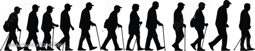 Silhouettes of aging progression from youth to elderly with walking aids, black and white illustration, human life and mobility theme