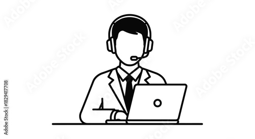 Customer support representative working with a laptop and headset illustration