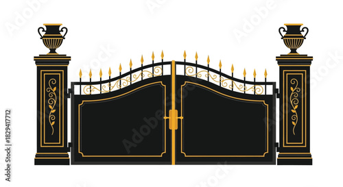 Elegant black and gold ornate gates with decorative posts and embellishments