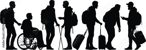 Silhouettes of diverse travelers with backpacks, mobility aids, and luggage, black and white illustration, inclusive travel and accessibility theme