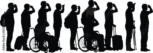 Silhouettes of diverse individuals saluting with mobility aids and luggage, black and white illustration, inclusion and respect theme, travel and service concept