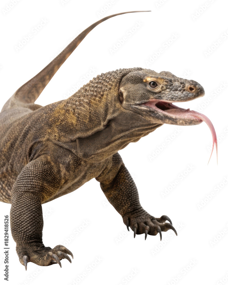 Obraz premium Alert Komodo dragon, dangerous reptile and wildlife predator. Powerful large lizard with open mouth and long forked tongue isolated