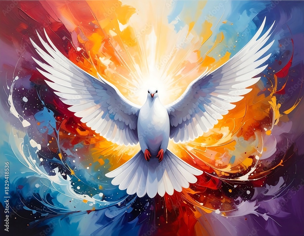 Obraz premium Dove with outstretched wings shines brightly amidst a vivid, colorful, swirling background