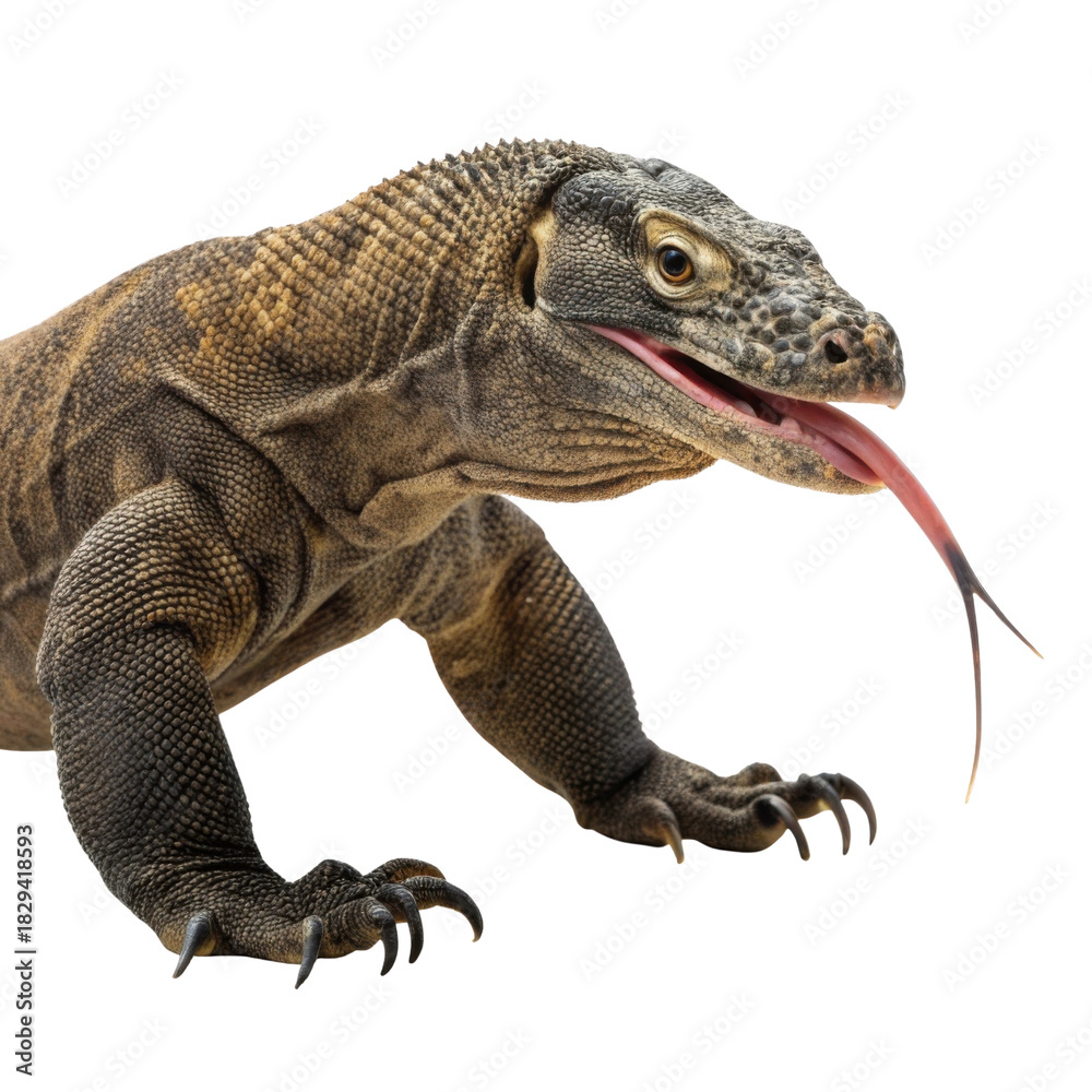 Obraz premium Menacing Komodo dragon lizard reptile with tongue out. wild animal predator isolated. This powerful wildlife creature has scaly texture