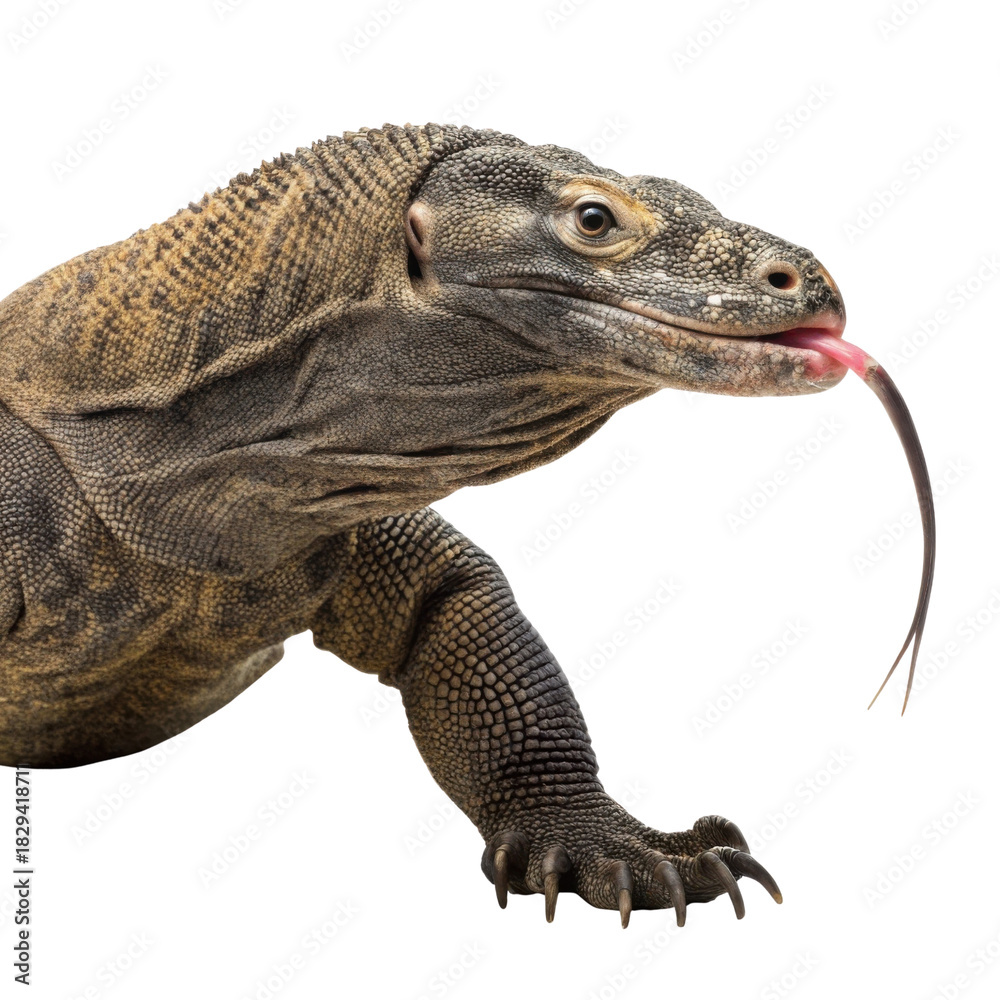 Obraz premium Powerful komodo dragon reptile lizard with forked tongue tasting air. Scary wildlife animal predator in close up portrait, isolated view