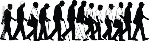 Silhouettes of man aging from youth to old age, black and white illustration, life progression and human development theme