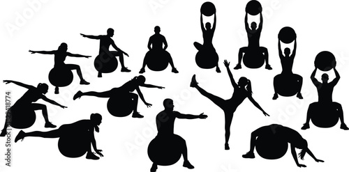 Silhouettes of people exercising with fitness balls, stretching and strengthening poses, black and white illustration, balance and flexibility workout theme